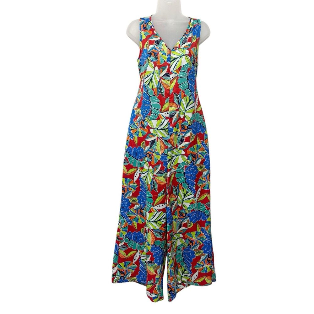Nicole Miller Floral Jumpsuit Size S Red Blue Tropical Print Sleeveless Wide Leg
